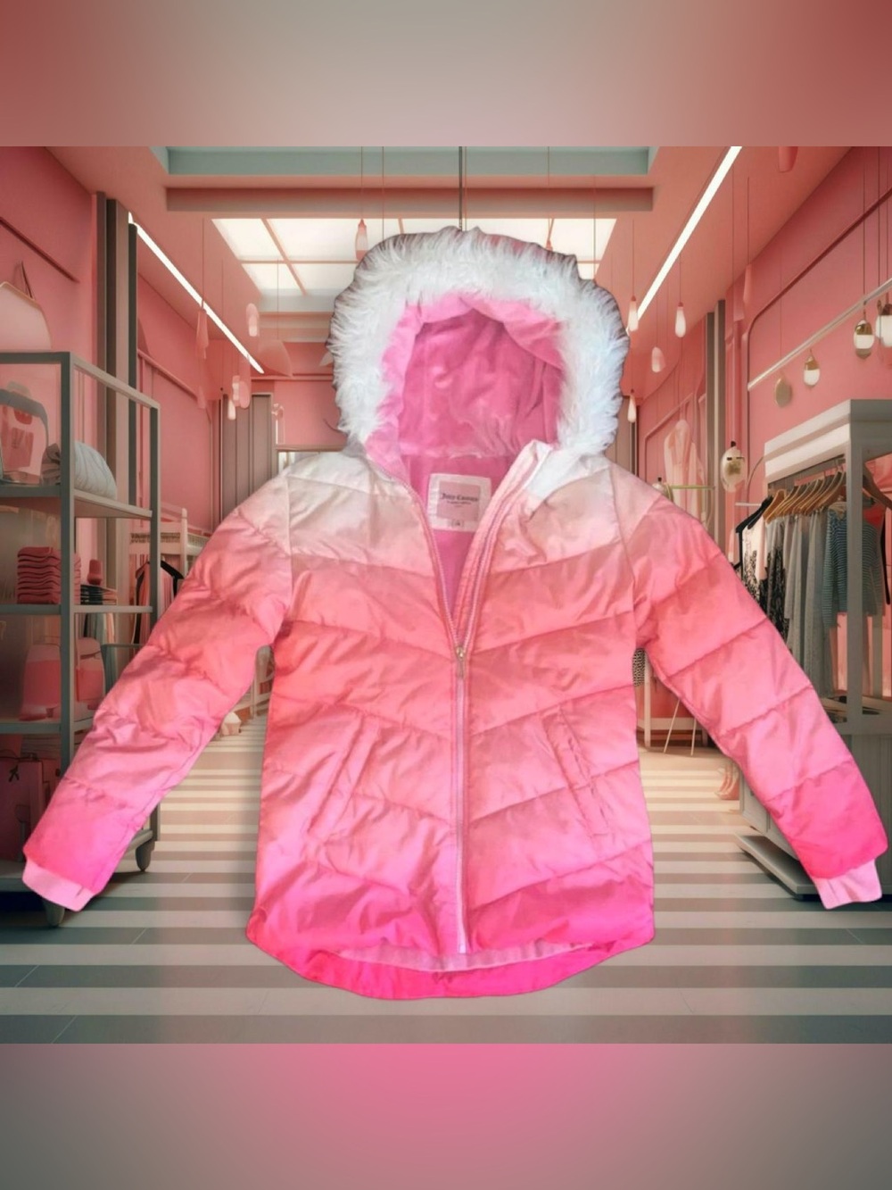 Juicy Couture Kids Pink Ombre Puffer Jacket with Faux Fur Hood